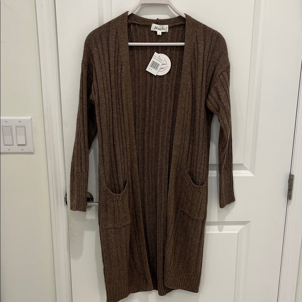 Bohemian Rose Ribbed Open-Front Long Cardigan-Mocha Bisque With Pockets-Size S